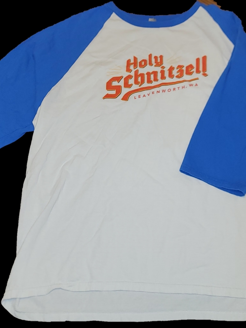 Gildan White & Blue Raglan 'Holy Schnitzel!' Baseball Tee